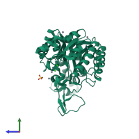 PDB entry 1r86 coloured by chain, side view.