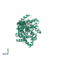 PDB entry 1r89 coloured by chain, side view.