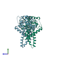PDB entry 1r8j coloured by chain, side view.