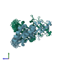 PDB entry 1r8p coloured by chain, ensemble of 20 models, side view.