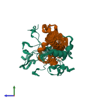 PDB entry 1r8u coloured by chain, ensemble of 20 models, side view.