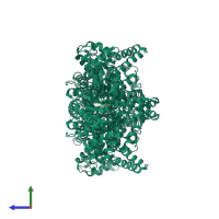 Homo dimeric assembly 1 of PDB entry 1r9d coloured by chemically distinct molecules, side view.