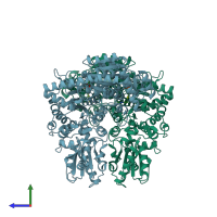 PDB entry 1r9j coloured by chain, side view.