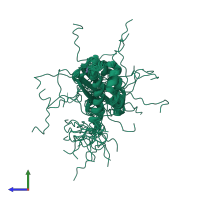 PDB entry 1r9p coloured by chain, ensemble of 20 models, side view.