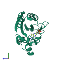 PDB entry 1rb0 coloured by chain, side view.