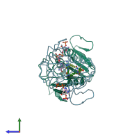 PDB entry 1rb2 coloured by chain, side view.