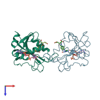 PDB entry 1rb2 coloured by chain, top view.