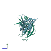 PDB entry 1rbb coloured by chain, side view.