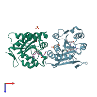 PDB entry 1rbm coloured by chain, top view.