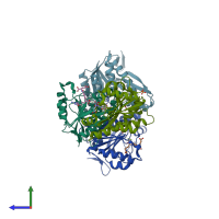 PDB entry 1rbq coloured by chain, side view.
