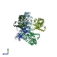 PDB entry 1rdf coloured by chain, side view.