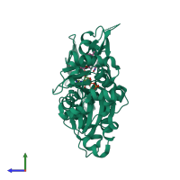 PDB entry 1rdw coloured by chain, side view.