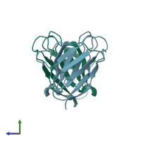 PDB entry 1rei coloured by chain, side view.