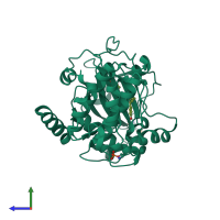 PDB entry 1rej coloured by chain, side view.