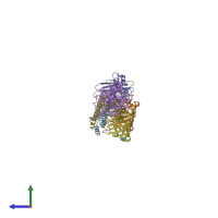 PDB entry 1rf1 coloured by chain, side view.