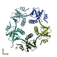 PDB entry 1rf2 coloured by chain, front view.