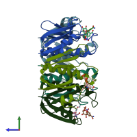 PDB entry 1rf2 coloured by chain, side view.