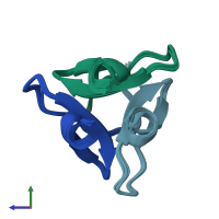 PDB entry 1rfo coloured by chain, ensemble of 10 models, side view.