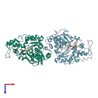 PDB entry 1rfq coloured by chain, top view.