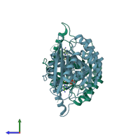 PDB entry 1rfv coloured by chain, side view.