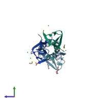 PDB entry 1rfx coloured by chain, side view.