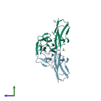 PDB entry 1rhf coloured by chain, side view.