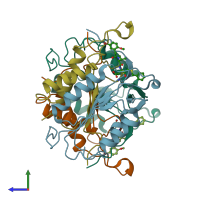 PDB entry 1rhq coloured by chain, side view.