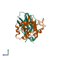 PDB entry 1ri8 coloured by chain, side view.