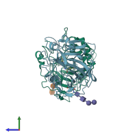 PDB entry 1rj6 coloured by chain, side view.