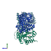 PDB entry 1rjf coloured by chain, side view.
