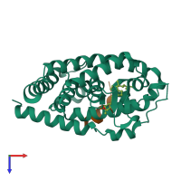 Hetero dimeric assembly 1 of PDB entry 1rjk coloured by chemically distinct molecules, top view.