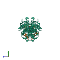 Hetero tetrameric assembly 2 of PDB entry 1rjk coloured by chemically distinct molecules, side view.