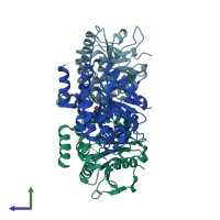 PDB entry 1rjm coloured by chain, side view.