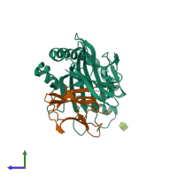 PDB entry 1rk0 coloured by chain, side view.
