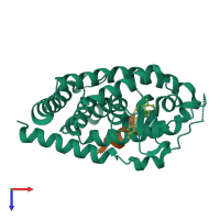 PDB entry 1rkg coloured by chain, top view.
