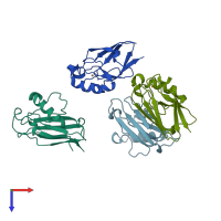 PDB entry 1rkr coloured by chain, top view.