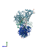 PDB entry 1rm3 coloured by chain, side view.