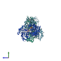 PDB entry 1rm4 coloured by chain, side view.