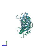 PDB entry 1rnf coloured by chain, side view.