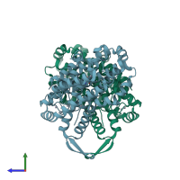 PDB entry 1rnr coloured by chain, side view.