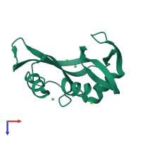 PDB entry 1rnx coloured by chain, top view.