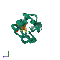 PDB entry 1rof coloured by chain, ensemble of 10 models, side view.