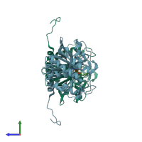 PDB entry 1rp0 coloured by chain, side view.