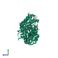 Homo dimeric assembly 1 of PDB entry 1rq2 coloured by chemically distinct molecules, side view.