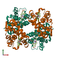 Hetero tetrameric assembly 1 of PDB entry 1rqa coloured by chemically distinct molecules, front view.