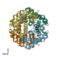 PDB entry 1rqa coloured by chain, side view.