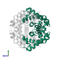 Hemoglobin subunit alpha in PDB entry 1rqa, assembly 1, side view.