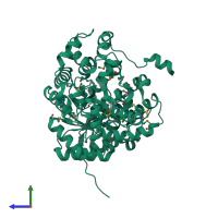 PDB entry 1rqb coloured by chain, side view.