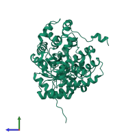 PDB entry 1rqe coloured by chain, side view.