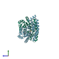 PDB entry 1rql coloured by chain, side view.